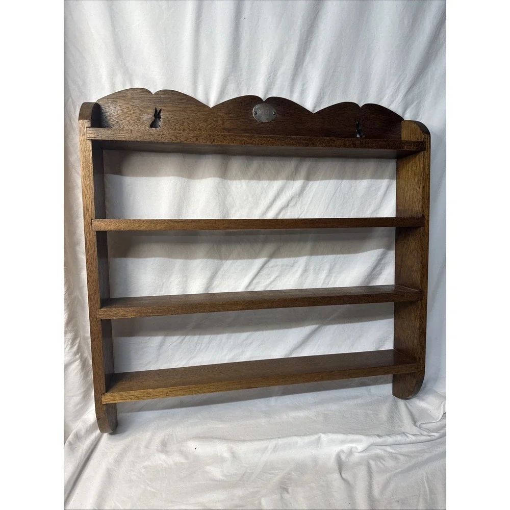 VTG Bunny Cut Out Knick Knack Curio Collectible Shelf Scalloped Oak Signed
